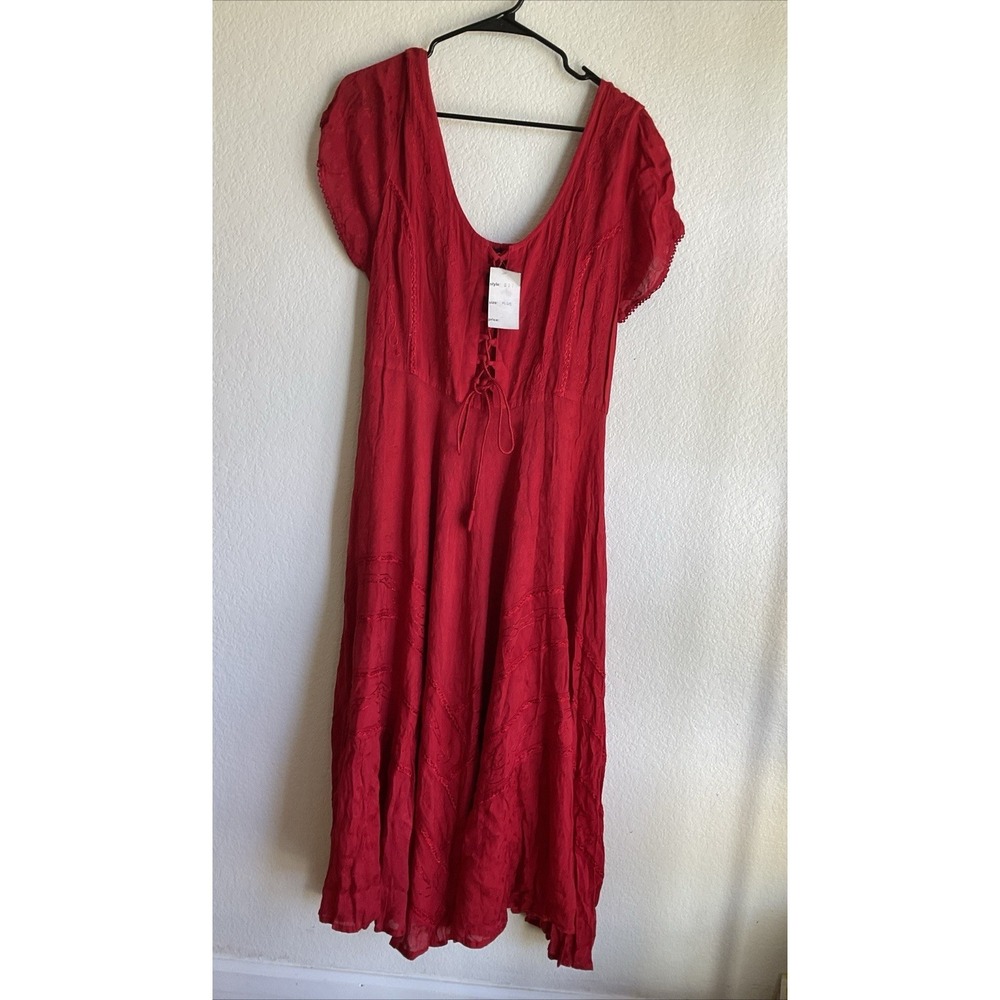 Flower Brand Vtg Boho Festival Lace Up Flowy Dress Red Women Fair Plus Size One